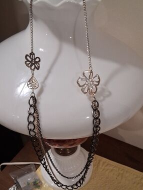 Two-Tone Floral Multi-Chain Necklace — Silver and Black